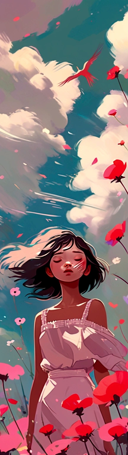 a woman standing in a field of flowers with a sky background, inspired by Yanjun Cheng, a beautiful artwork illustration, artwork in the style of guweiz, trending on artstration, by Li Song, lofi girl, digital anime illustration, beautiful digital illustration, by Yanjun Cheng, lofi art, dreamy illustration, painterly illustration, by Ryan Yee