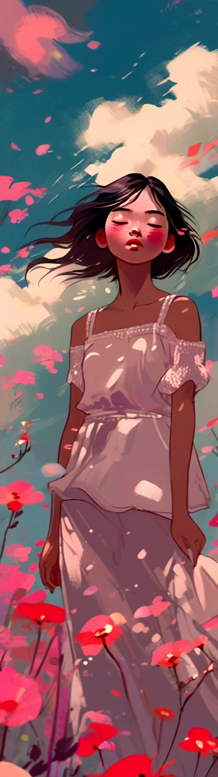 a woman standing in a field of flowers with a sky background, inspired by Yanjun Cheng, a beautiful artwork illustration, artwork in the style of guweiz, trending on artstration, by Li Song, lofi girl, digital anime illustration, beautiful digital illustration, by Yanjun Cheng, lofi art, dreamy illustration, painterly illustration, by Ryan Yee