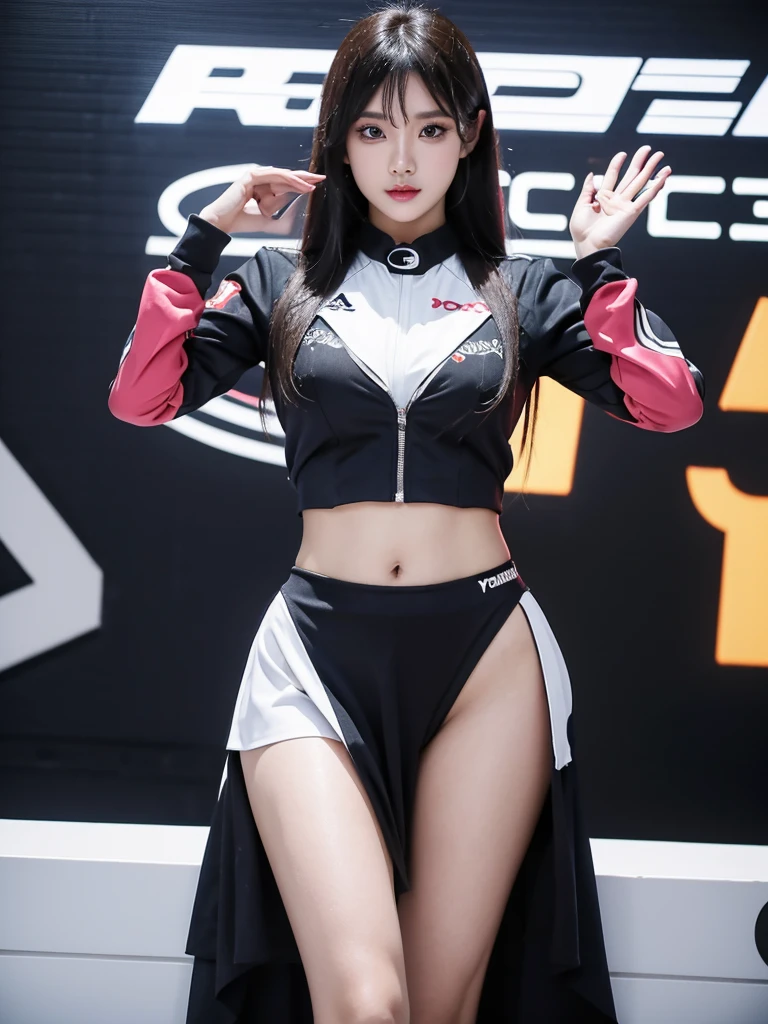 Cool woman、Colorful costumes、F1 Driver Cosplay、Colorful costumes、Clothing with company logo、Grid Girlsのカラフルで派手な衣装、Grid Girls、Perfect Face、Paddock Girls、Harem、motor Show、tights、Bodycon Costumes、Grid Girls、Russia、Grid Girlsのコスプレ、belly button、Pleated skirt、Bodycon Costumes、Photographed in a sexy pose