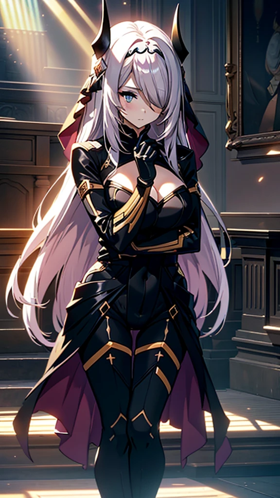 Highest quality, Beautiful and exquisite body,Horn, tiara, Veil,(A body-hugging enamel bodysuit, Black bodysuit, Scapula, Long sleeve, Cleavage cutout, Black gloves, Black overskirt, Black trousers),Show me your boots,leotard,elegant, 1 Girl, cute, Blushed, Looking at the audience, Beautiful Eyes, Beautiful background, Particles of light, Light of the sun, Dramatic lighting, outside, Shiny, Realistic, Highest quality, Very detailed, Get used to it, scenery, Beautiful and exquisite, Thin Hair,Full Body Shot,