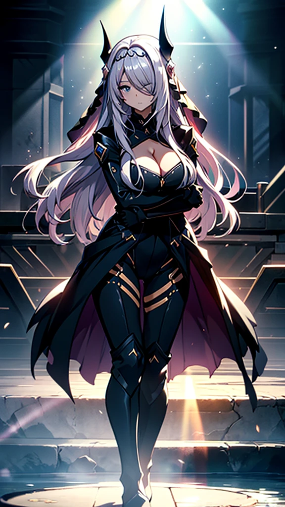 Highest quality, Beautiful and exquisite body,Horn, tiara, Veil,(A body-hugging enamel bodysuit, Black bodysuit, Scapula, Long sleeve, Cleavage cutout, Black gloves, Black overskirt, Black trousers),Show me your boots,leotard,elegant, 1 Girl, cute, Blushed, Looking at the audience, Beautiful Eyes, Beautiful background, Particles of light, Light of the sun, Dramatic lighting, outside, Shiny, Realistic, Highest quality, Very detailed, Get used to it, scenery, Beautiful and exquisite, Thin Hair,Full Body Shot,