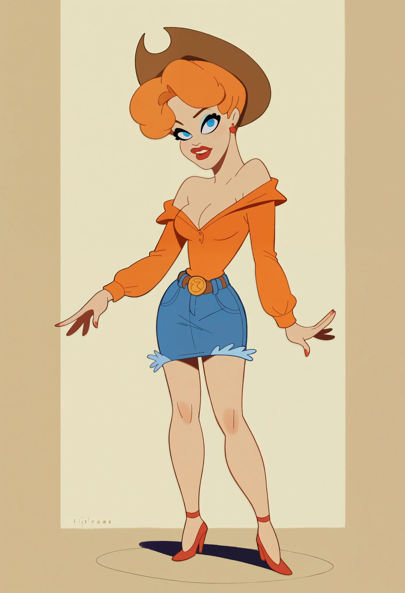 score_9, score_8_up, score_7_up, 
RHRH, 1girl, solo, blue eyes, earrings, breasts, makeup, cowboy hat, cowboy shirt, long sleeves, jeans mini-skirt, cowboy boots, short hair, cleavage, high heels, orange hair, lipstick, bare shoulders, bare legs,