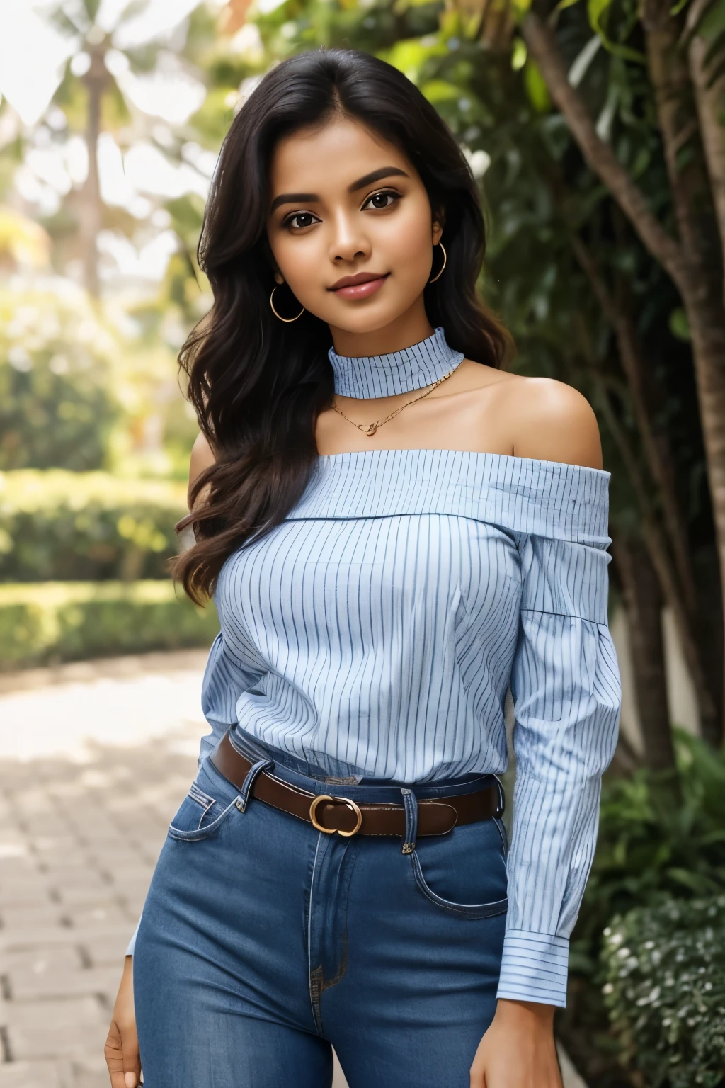 ((best quality)), ((masterpiece)), (detailed), 1girl, off-shoulder sweater, RAW, Best quality, high resolution, masterpiece: 1.3), beautiful Malay woman,Masterpiece, perfect fit body, Huge breast, big gorgeous eyes, open smile, woman in a blue and white shirt and white pants, wearing in shirt, woman model, wearing a blouse, women full body, lovely woman, attractive and beautiful, wearing stripe shirt, casual pose, attractive girl, shirt, wearing polo shirt, tied - up shirt, beautiful sri lankan woman, attractive woman, profile photo , Delicate turtleneck, necklace, shairband, afternoon walk, City garden, Excellent lighting, Bright colors, Clean lines