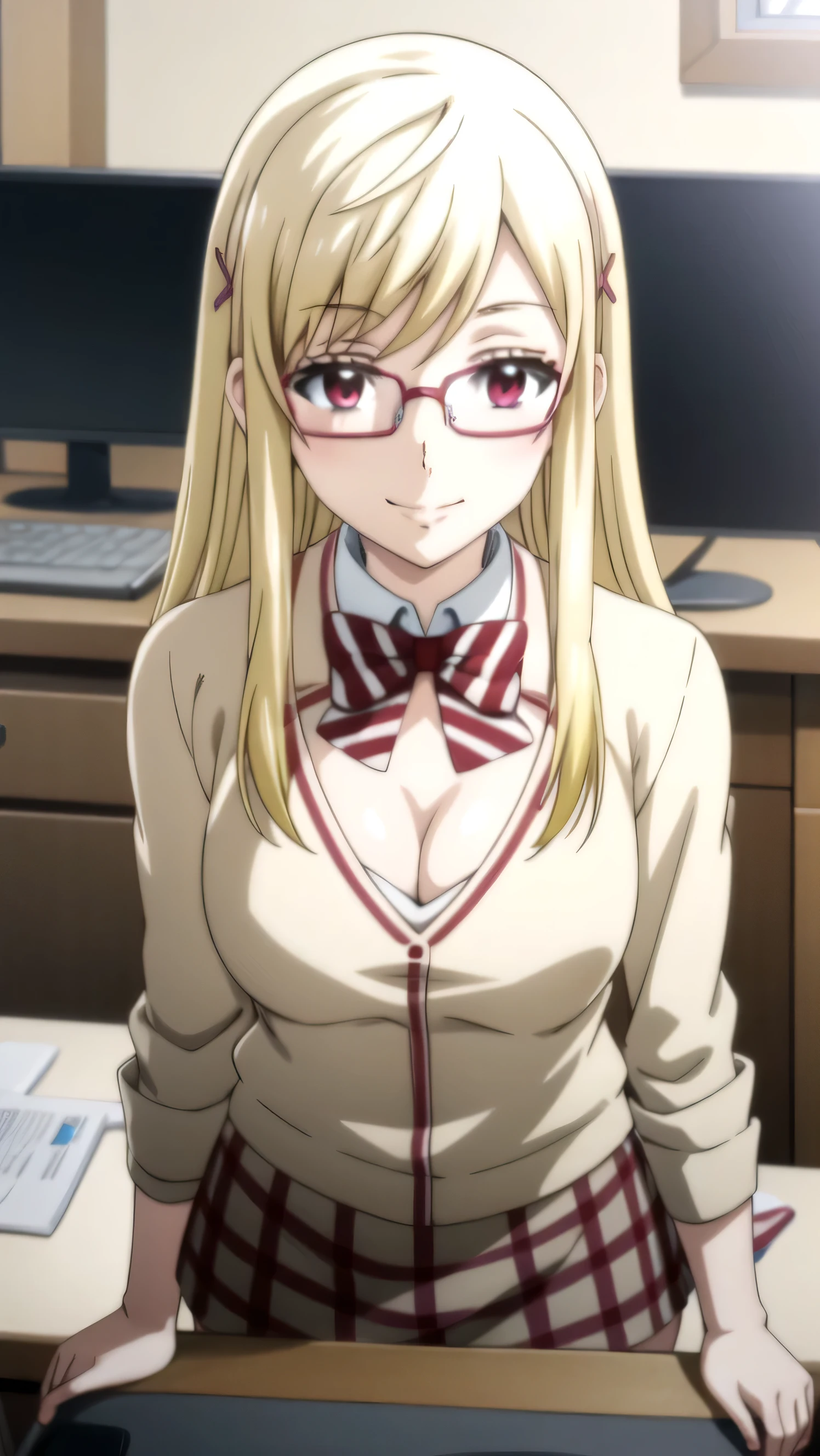 anime girl With glasses and a skirt posing on a desk, seductive anime girl, With glasses, With glasses on, thick glasses, (sfw) Insurance for work, beautiful and seductive anime woman, a Hyper realistic , revealing outfit, neckline, , nerd appearance, anime girls, attractive anime girl, breasts covered and sfw, nerd Yamada mocking smile_yellow, 1chica , by rubio, alone, wide, hair ornament, , smile, bow, red eyes my dress darling anime, beautiful seductress anime anime