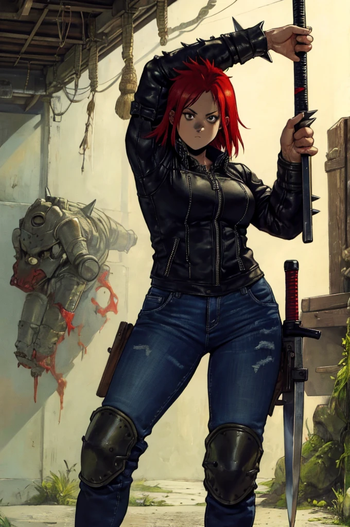 Dorohedoro Style, sexy young girl in a knight's helmet with short red hair sticking out from under it, a heavy leather jacket with spikes, jeans, a girl holding a sword