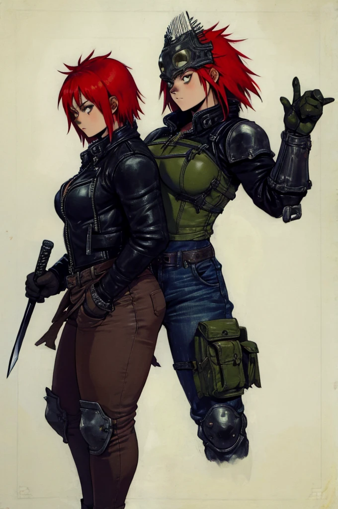 Dorohedoro Style, sexy young girl in a knight's helmet with short red hair sticking out from under it, a heavy leather jacket with spikes, jeans, a girl holding a sword