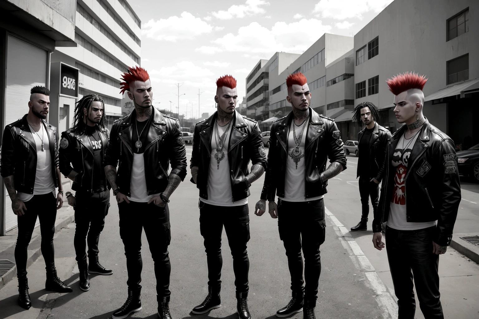 several men standing in a parking lot with one man with a red mohawk, aggressive look, eloy band, slaughterhouse, band promo, portrait image, profile image, pro - vida, band promo photo, menacing look, photo shoot, são paulo, promotional shot, proto - metal band promo, puerto rico, by Nándor Katona