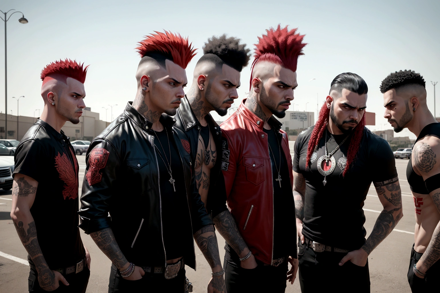 several men standing in a parking lot with one man with a red mohawk, aggressive look, eloy band, slaughterhouse, band promo, portrait image, profile image, pro - vida, band promo photo, menacing look, photo shoot, são paulo, promotional shot, proto - metal band promo, puerto rico, by Nándor Katona