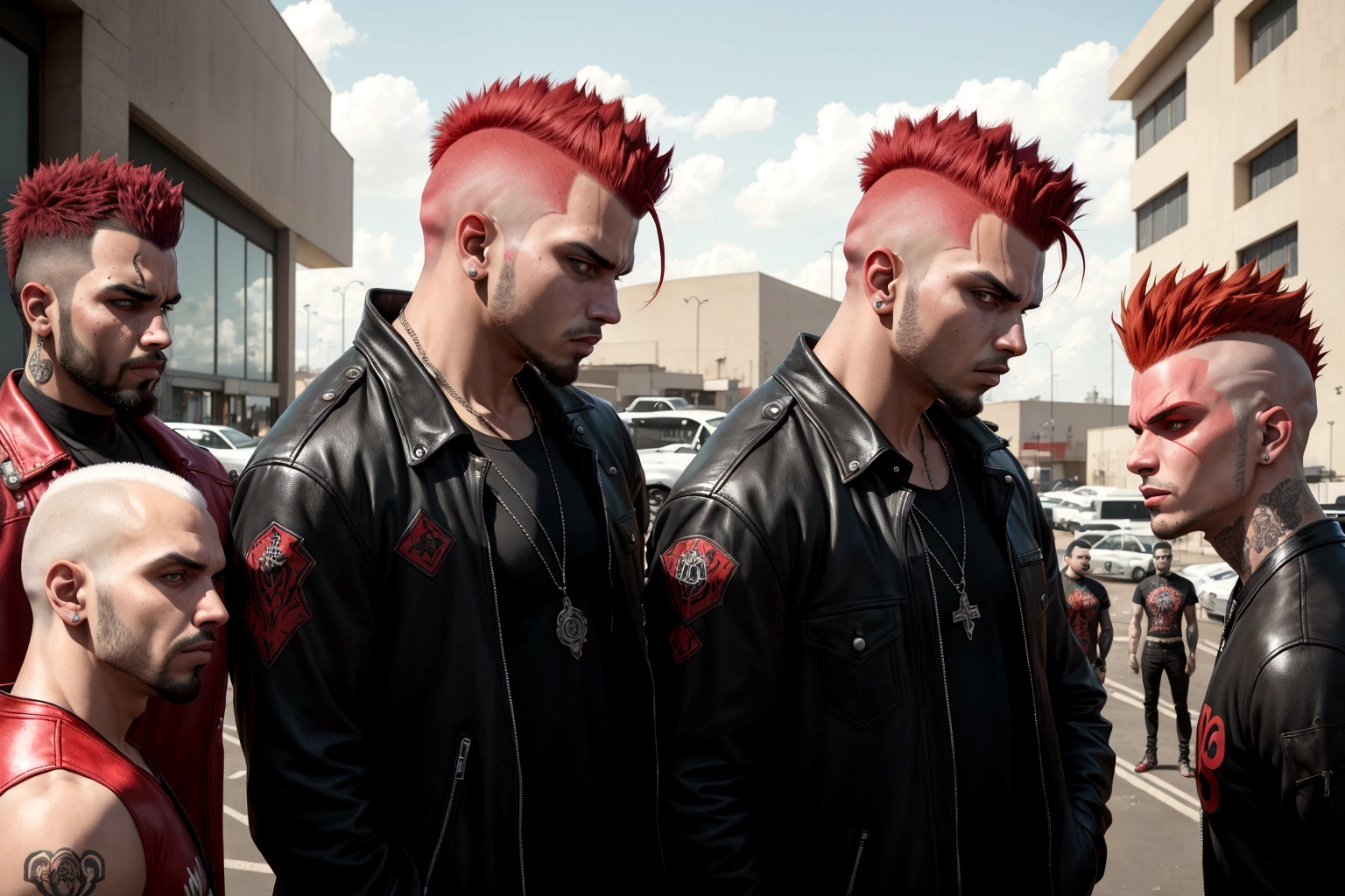 several men standing in a parking lot with one man with a red mohawk, aggressive look, eloy band, slaughterhouse, band promo, portrait image, profile image, pro - vida, band promo photo, menacing look, photo shoot, são paulo, promotional shot, proto - metal band promo, puerto rico, by Nándor Katona