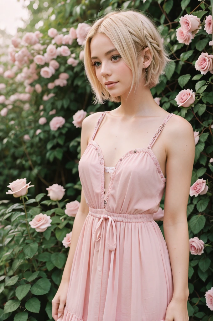 8k, RAW photo, Fujifilm, style photo of a beautiful young woman as avril in a garden of light pink roses (highly detailed skin: 1.2) Style-Petal BREAK short hair, blonde hair with colored locks, wearing a dress, film granulation, 35mm, cute style