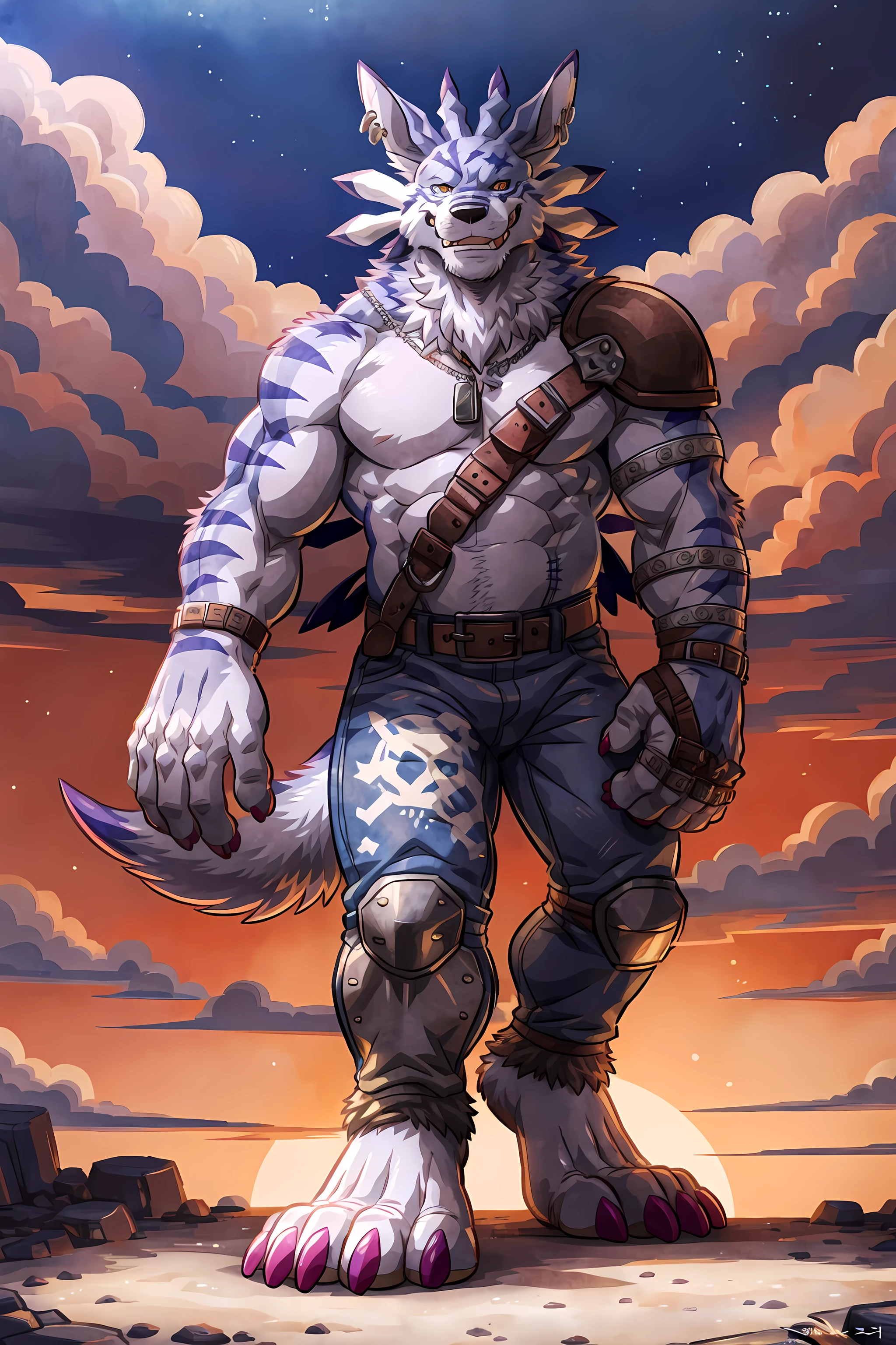 weregarurumon, solo, front view, standing, muscular, male, pauldron, brown belt, detailed belt, full body, orange eyes, smile, high quality, best resolution, cel shaded, by wfa, by rossciaco, dogtags, metal armbands, detailed eyes, blue pants, bare feet, wolf feet, pink claws, big hands, big feet, big head, kneepads, forest background