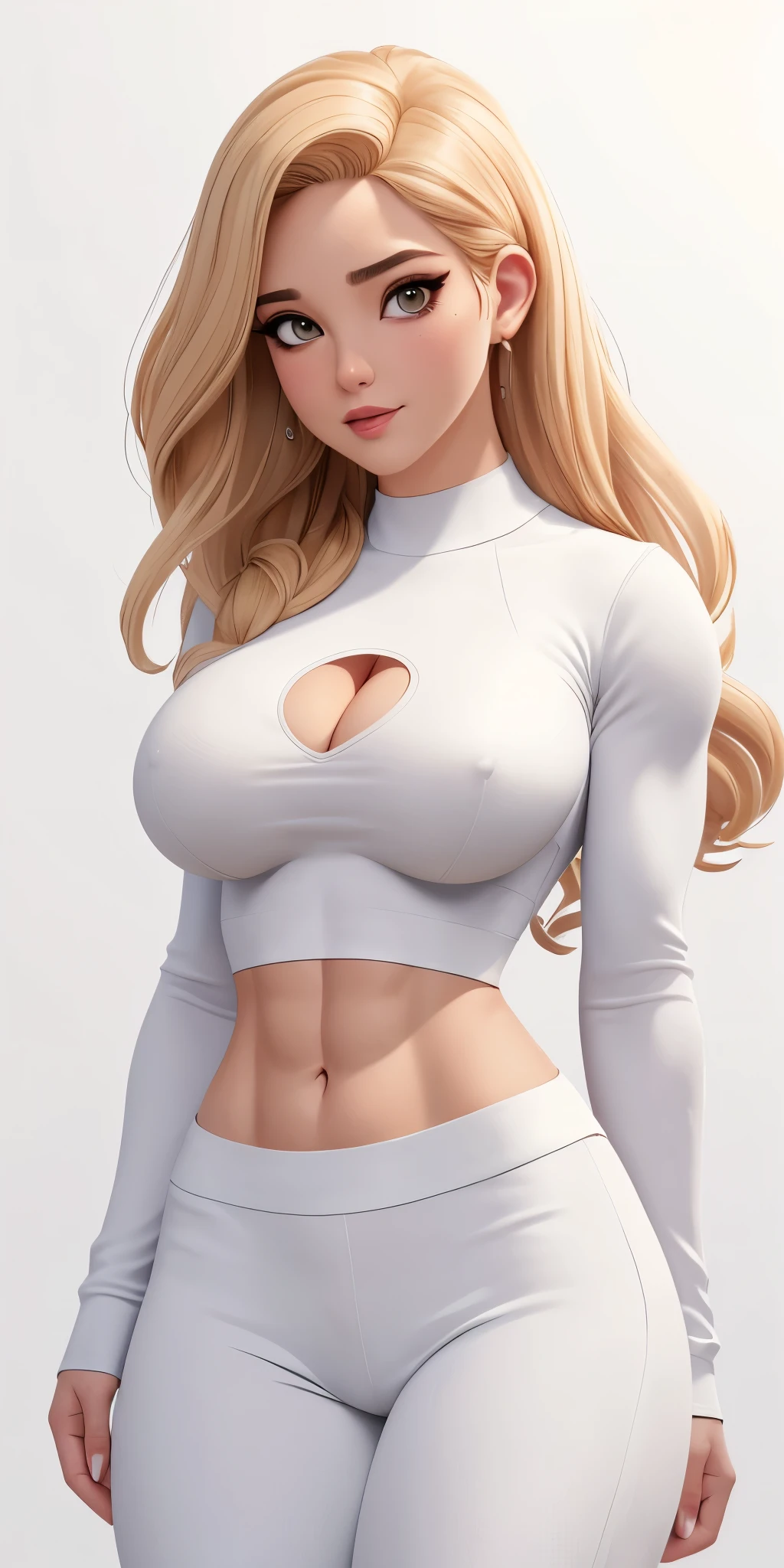 Masterpiece, highly detailed, high res, dynamic, A image of a woman in a white top and white pants, ((((Massive breasts)))), (muscular), ((((huge muscles)))) fanart da coelhinha lola, commission for high resolution, CO Commission, Gwen Stacy, corpo perfeitamente sombreado, Emma Geada, Retrato de Emma Frost, Deusa loira, desenhado no estilo de artgerm, em roupas brancas, corpo perfeito sombreado realista, Betty Cooper, It's not artgerm style, ((((Massive breasts)))), (muscular), ((((huge muscles))))