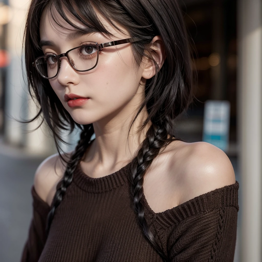 1 17 year old girl, dark black hair, fringe, short, clear skin, big brown eyes, Slim appearance, Red lips, glasses, sueter ( turn your back, street, evening)