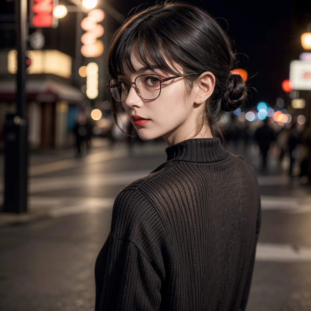 1 17 year old girl, dark black hair, fringe, short, clear skin, big brown eyes, Slim appearance, Red lips, glasses, sueter ( turn your back, street, evening)