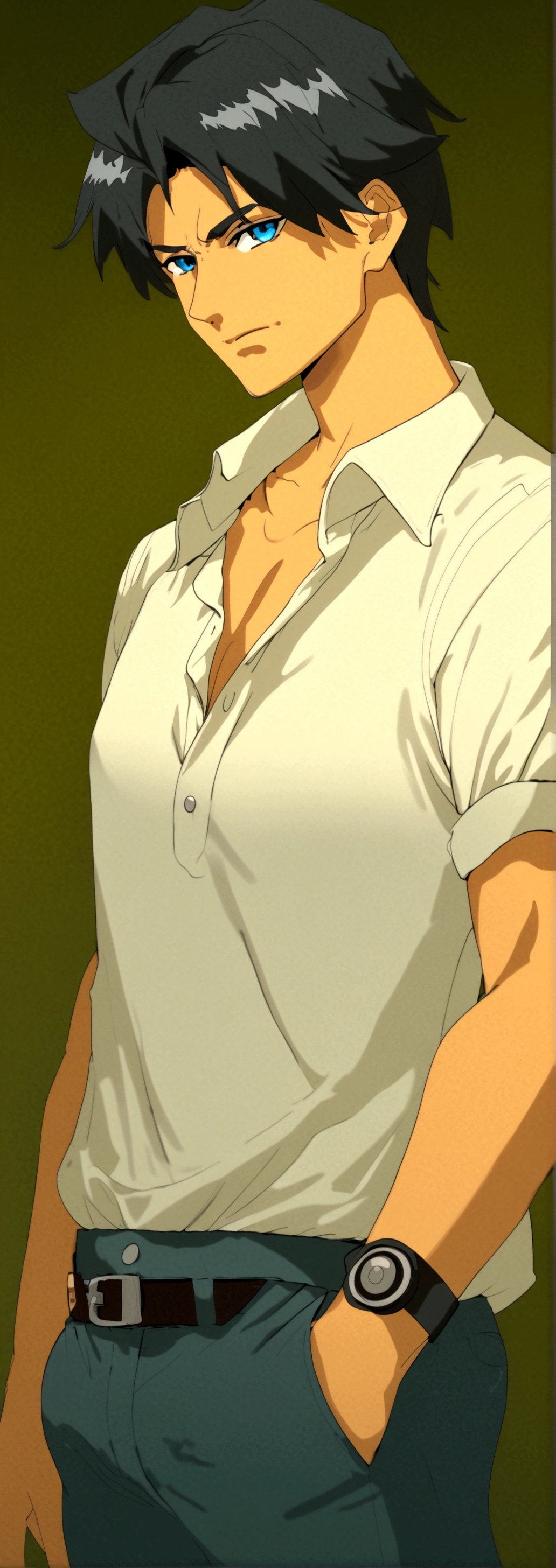 mature,chiseled chin,rugged face,half body,Anime character with black hair and shirt standing, Wolf ears,Wolf Tail,demihuman,demiwolf,kemonomimi,light stubble, Anime handsome man, Anime portrait of a handsome man,mature,blue eyes,tired,short hair,bara,bored expression,expressionless,