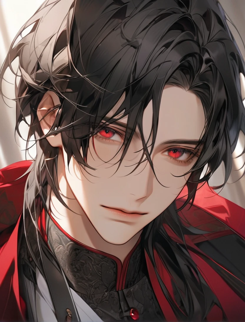(Black_Hair), (red_ruby_eyes), (Handsome), (attractive), (perfect_face), (male), (close_up_shot), (detailed_eyes), (detailed_hair), (clean_hair), (expressionless), (sharp_eyes), (vertical_pupils), (peaceful_atmosphere), (nice_jawline)