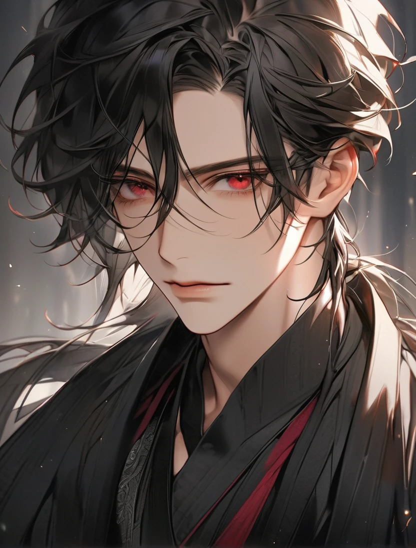 (Black_Hair), (red_ruby_eyes), (Handsome), (attractive), (perfect_face), (male), (close_up_shot), (detailed_eyes), (detailed_hair), (clean_hair), (expressionless), (sharp_eyes), (vertical_pupils), (peaceful_atmosphere), (nice_jawline)