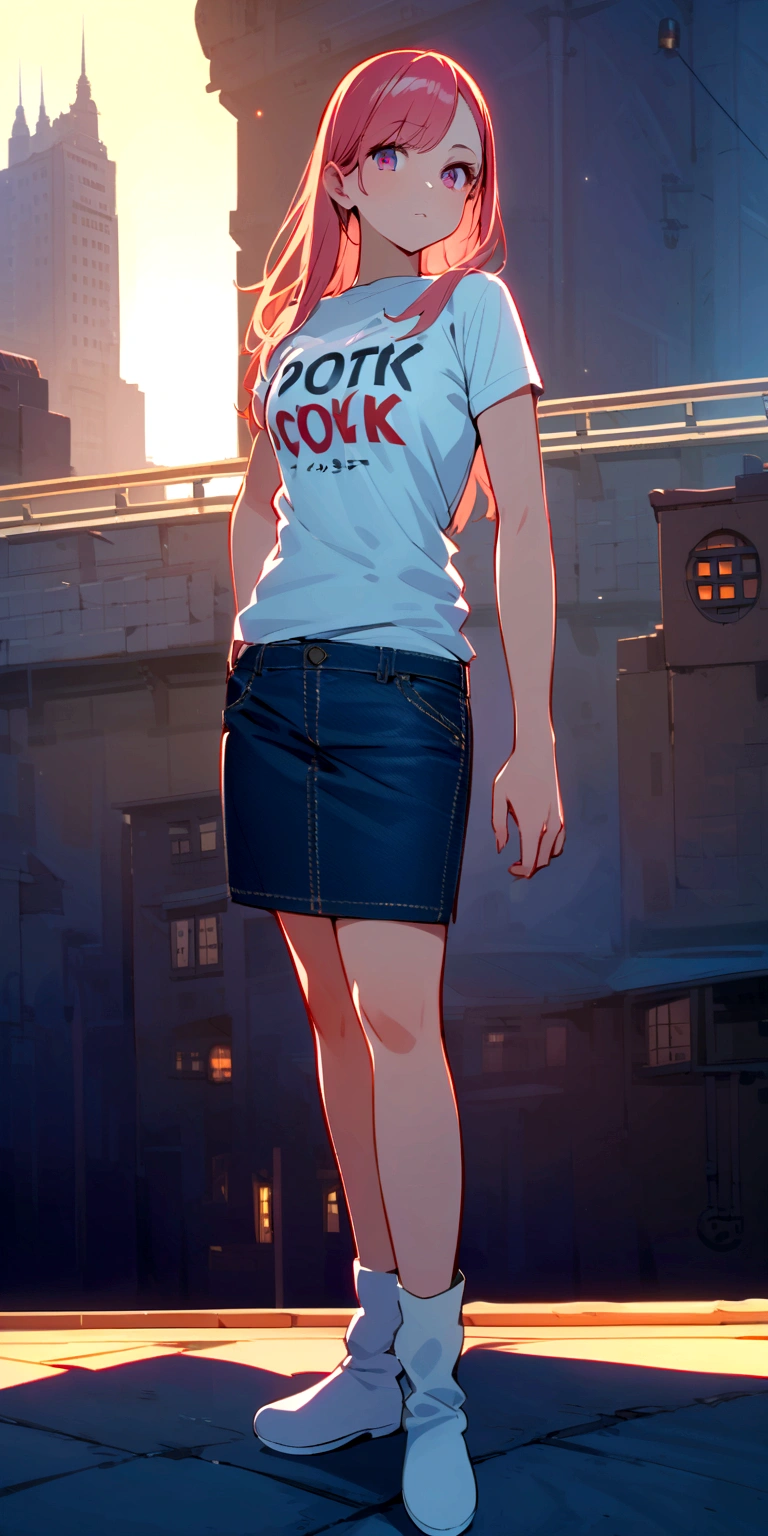 pretty young women, (t-shirt and denim cargo skirt), looking at viewer, port city scenery