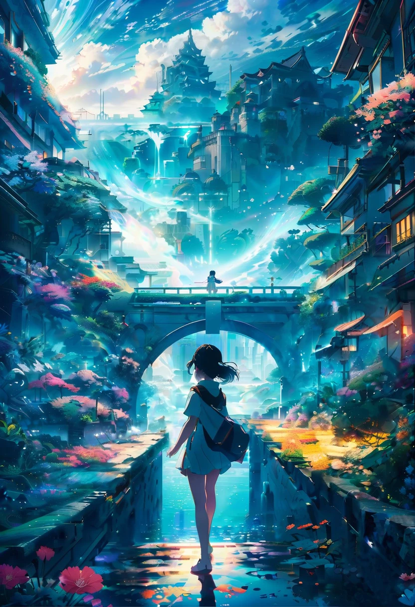 anime key visual, Masterpiece landscapes,A girl, From the city of Atlantis, complex background, foggy condition, cyberdelic, flowering light, Macro lens, Color style, "surrounded by clouds,Beautiful fluid image,Delicately painted landscapes,Light clouds float on the surface of the water.,It's like a fairyland。The misty light penetrates the clouds.,Impressive light and shadow effects are reflected.。In the photo there is a sea of clouds.,The landscape ahead is fascinating