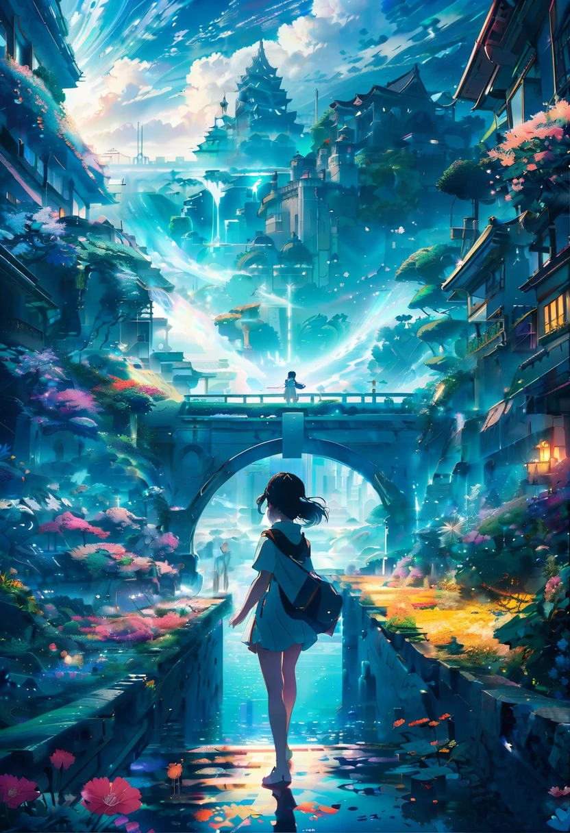 anime key visual, Masterpiece landscapes,A girl, From the city of Atlantis, complex background, foggy condition, cyberdelic, flowering light, Macro lens, Color style, "surrounded by clouds,Beautiful fluid image,Delicately painted landscapes,Light clouds float on the surface of the water.,It's like a fairyland。The misty light penetrates the clouds.,Impressive light and shadow effects are reflected.。In the photo there is a sea of clouds.,The landscape ahead is fascinating