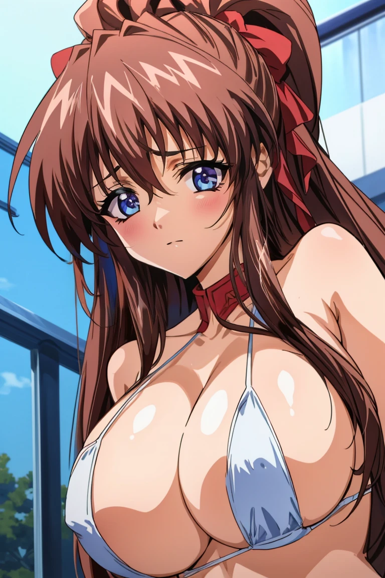 Anime Color, Highest quality, High resolution, 1 Girl, blush, Embarrassing, , Crying face、 (Big Breasts:1.2), masterpiece, Highest quality, White wet micro bikini、whole bodyに汗をかく、Erect nipples、From below、Pulling panties with your hands、whole body