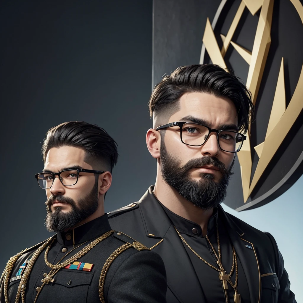 Create a character with these characteristics: naughty man, offwhite, with beard, soldier style haircut, wearing modern glasses and black clothes. In the background of the image behind him with giant symbols of Bitcoin and ethereum.