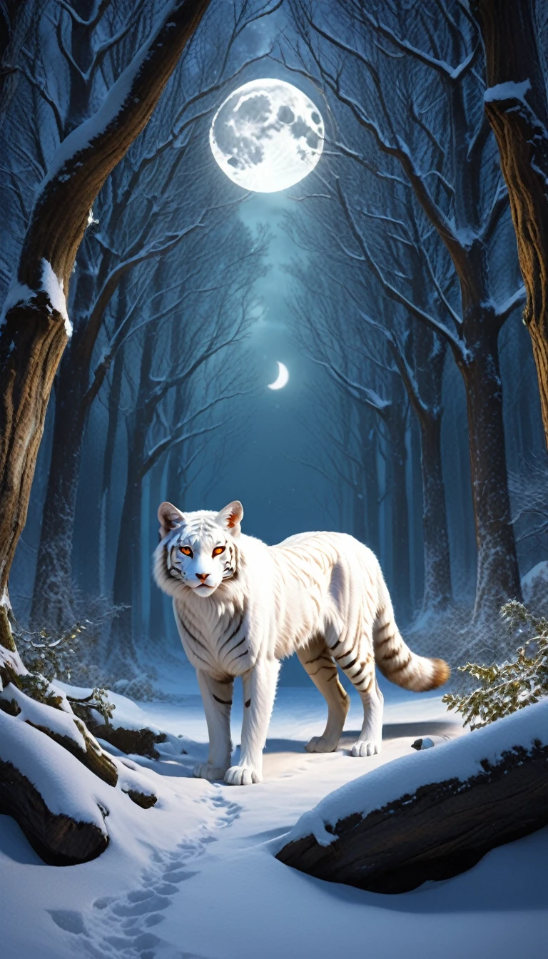 A giant tiger emerges from deep within an ancient forest, Nine tails that spread out gracefully like fans. Sharp golden eyes shining in the moonlight, His pure white fur gives off an otherworldly aura.. This mystical creature exudes an aura of deep wisdom and enchantment., Its presence inspires respect and awe..
Further details:
A tiger's tail is long and flowing, Each is soft, Fluffy Brush.
His fur is as clean as fresh snow., No defects or blemishes.
Eyes are large、It is almond-shaped, Reflects deep intelligence and ancient knowledge.
The moon illuminates the scene with a fantastic glow, Illuminating the fox with a radiance from another dimension.
The forest exudes a mysterious atmosphere., Towering Tree々The tangled undergrowth、It suggests hidden depths and secrets..