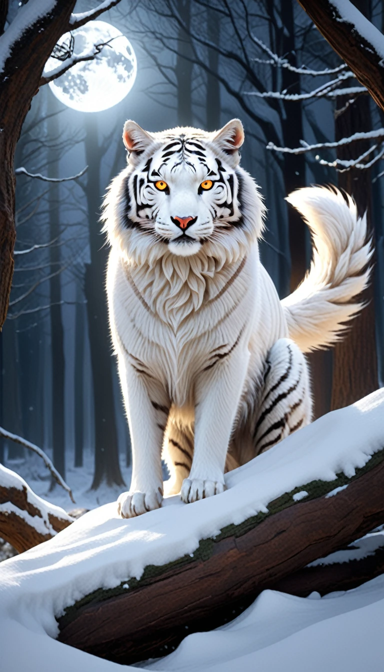 A giant tiger emerges from deep within an ancient forest, Nine tails that spread out gracefully like fans. Sharp golden eyes shining in the moonlight, His pure white fur gives off an otherworldly aura.. This mystical creature exudes an aura of deep wisdom and enchantment., Its presence inspires respect and awe..

Further details:

A tiger&#39;s tail is long and flowing, Each is soft, Fluffy Brush.
His fur is as clean as fresh snow., No defects or blemishes.
Eyes are large、It is almond-shaped, Reflects deep intelligence and ancient knowledge.
The moon illuminates the scene with a fantastic glow, Illuminating the fox with a radiance from another dimension.
The forest exudes a mysterious atmosphere., Towering Tree々The tangled undergrowth、It suggests hidden depths and secrets..