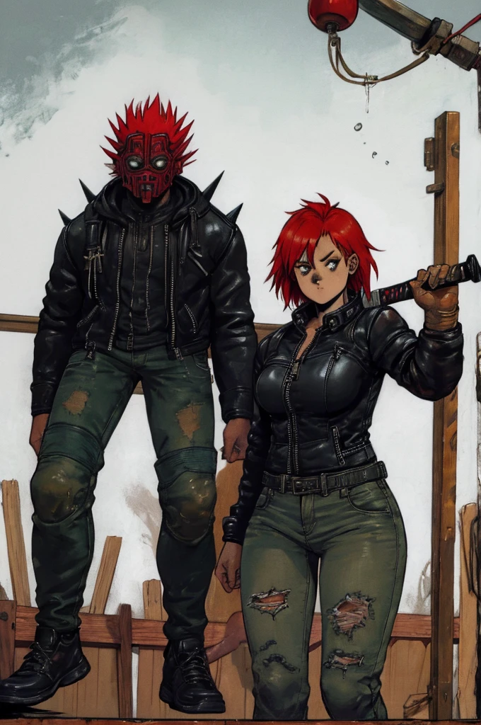 Dorohedoro Style, sexy young girl in a Queen of Hearts mask with short red hair sticking out from under it, a heavy leather jacket with spikes, jeans, a girl holding a sword