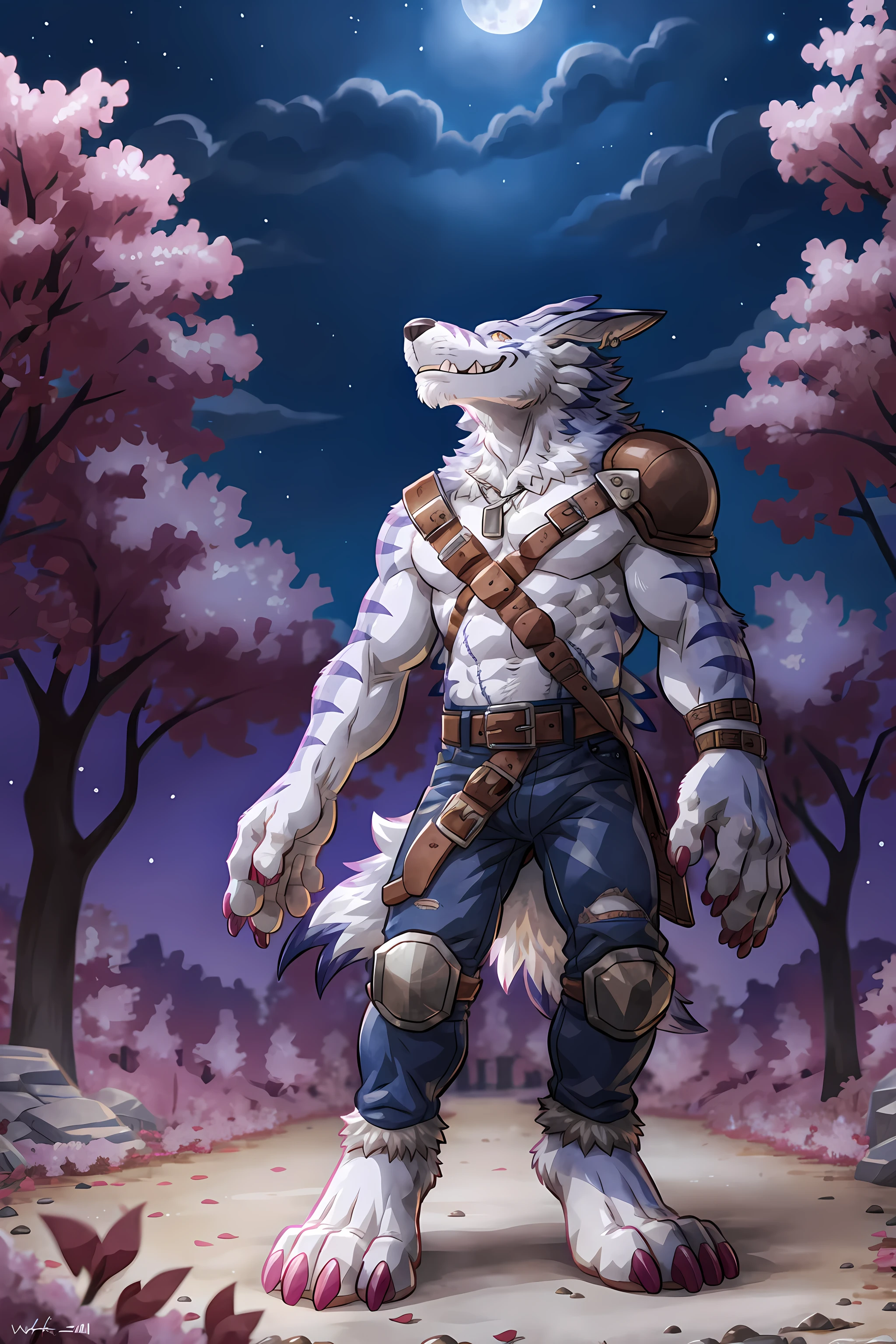 weregarurumon, solo, front view, standing, muscular, male, pauldron, brown belt, detailed belt, full body, orange eyes, smile, high quality, best resolution, cel shaded, by wfa, by rossciaco, dogtags, detailed eyes, blue pants, bare feet, wolf feet, pink claws, big hands, big feet, big head, forest background, cherry trees, pink trees, pink bush, night, moon, glow