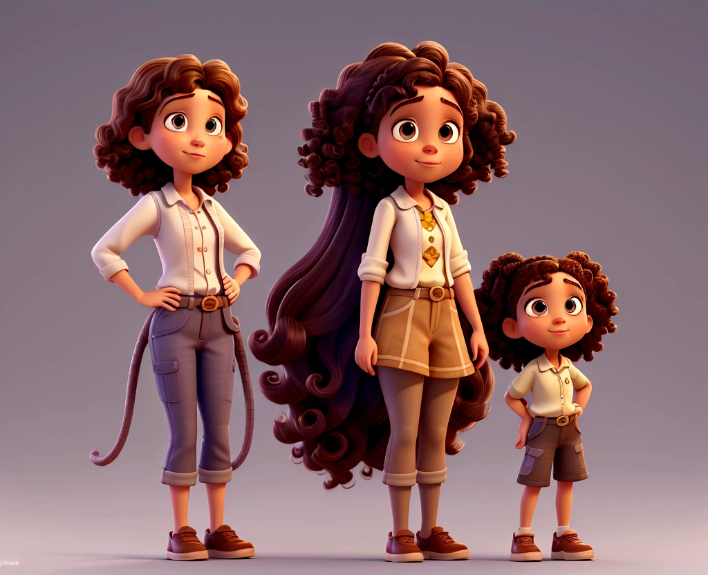 Cartoon of a girl with white curly hair next to her dark-skinned father, and her brunette sister 3D animation film, animated film, pixar 3d animation style, pixar renderman rendering, maia 8 mil, animated film, Disney Pixar 3D Style, , Disney Pixar animation