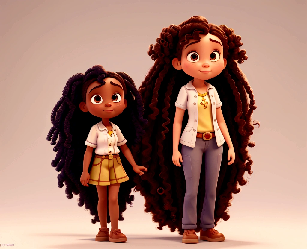 Cartoon of a girl with white curly hair next to her dark-skinned father, and her brunette sister 3D animation film, animated film, pixar 3d animation style, pixar renderman rendering, maia 8 mil, animated film, Disney Pixar 3D Style, , Disney Pixar animation