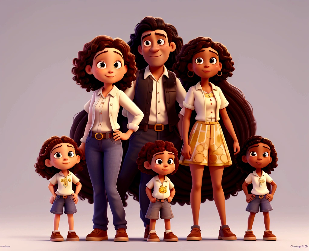 Cartoon of a girl with white curly hair next to her dark-skinned father, and her brunette sister 3D animation film, animated film, pixar 3d animation style, pixar renderman rendering, maia 8 mil, animated film, Disney Pixar 3D Style, , Disney Pixar animation