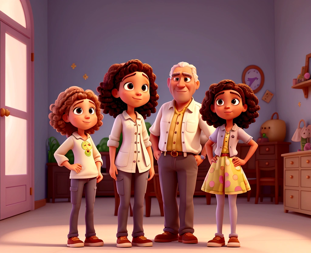 Cartoon of a girl with white curly hair next to her dark-skinned father, and her brunette sister 3D animation film, animated film, pixar 3d animation style, pixar renderman rendering, maia 8 mil, animated film, Disney Pixar 3D Style, , Disney Pixar animation