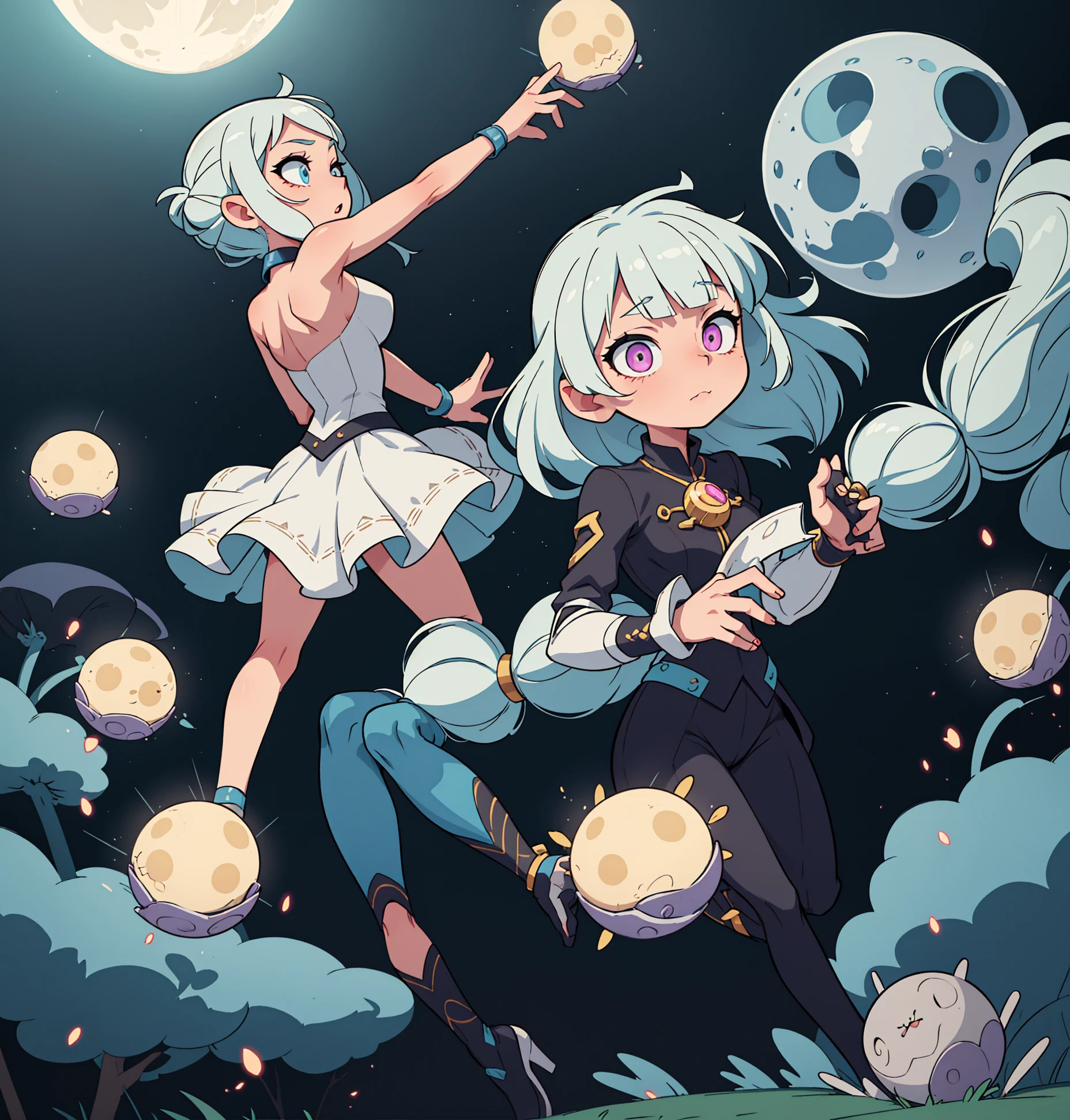 ((best quality, masterpiece)),
hybrid of human and moon fairy. She has pale skin, decorated with glowing moon symbols. She has long, silver hair, that glow in the dark. Lunatic has the ability to control moonlight and create protective shields from the lunar energy field.
