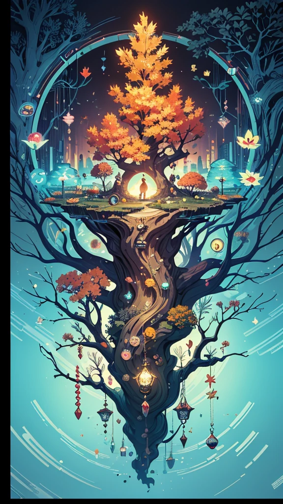 circular tree,four seasons,spring,summer,autumn,winter,leaves,roots,branches,trunk,ornate border,decorative,digital illustration,artwork,movement,time,swirling background,dark background,vibrant colors,natural,life cycle,growth,change,nature,life,peace,harmony,spirituality,symbolism,digital art,illustration,painting,graphic design,art,design,digital media,online art,visual art,fine art,fantasy