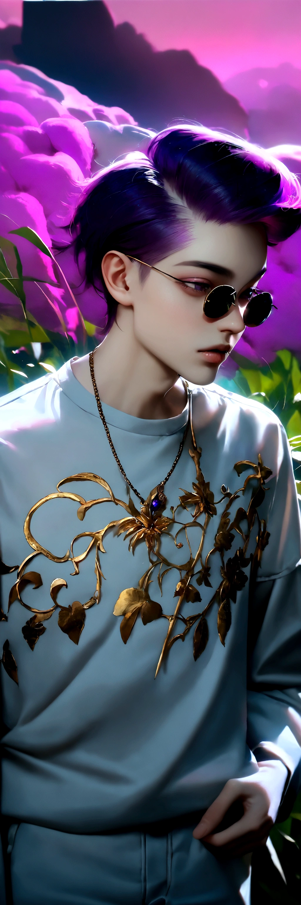 England neighborhood, Professional pictures, shot from the back, Photographed so that the entire body can be seen, shot from the back, En Fed Man with Necklace, inspired by Sim Sa-jeong, androgynous vampire, :9 detailed face: 8, Extra detailed face, Detailed punk hair, ((gray)) baggy eyes, seductive. Highly detailed, semi realistic anime, Vampires, hyperrealistic ager, delicate androgynous prince, SHEEP, bright purple hair, purple eyes, Black Cool Korean Fashion, Hide both eyes with bangs, I can't see both eyes with bangs, long bangs, short hair above the ears, Dazzling expression, wild appearance, Looking distantly, High level image quality, Masterpiece, ((1 male human))
