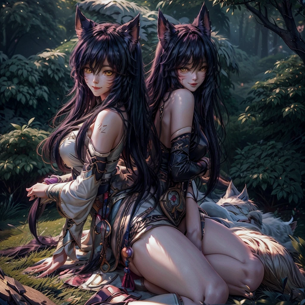 league of legends ahri, a beautiful 24 years old woman, asian girl, she has cat ears on her hair, she has 9 white fox-tails, smiling face, detailed photograph, 8k, uhd, high quality photo, bright day, grassland background, sexy girl, perfect body, perfect face