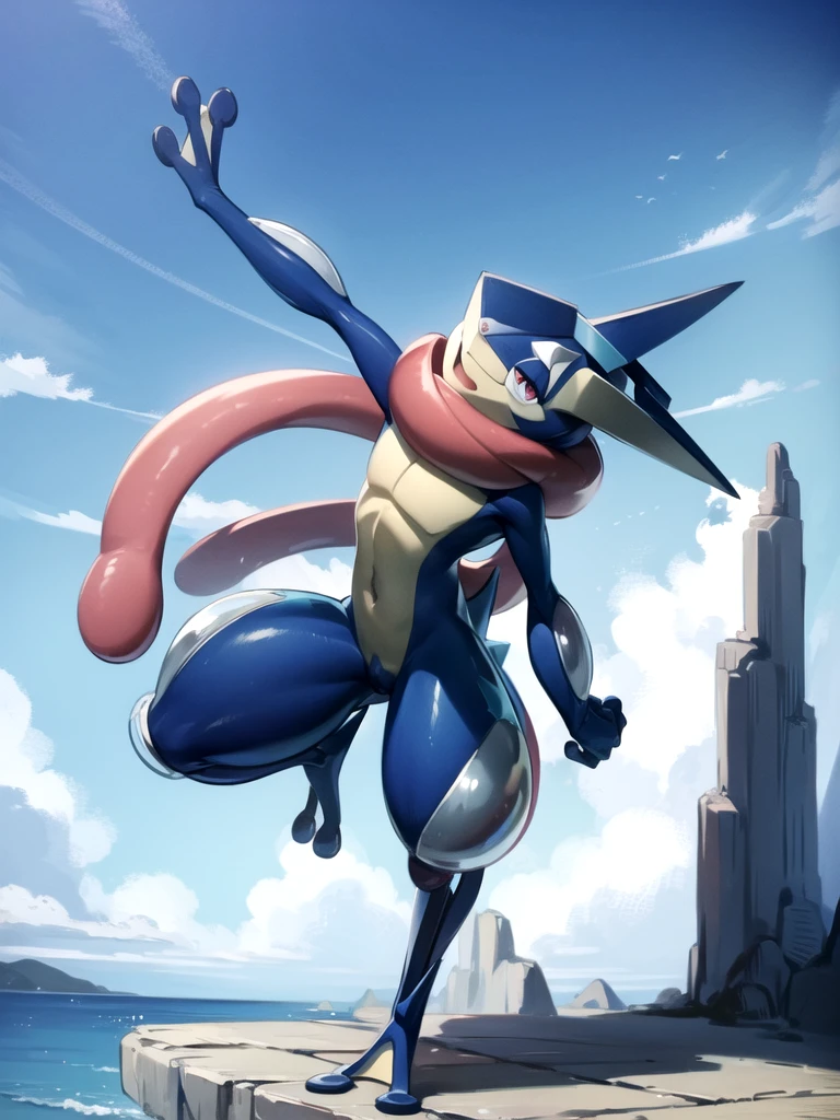 (masterpiece, best quality:1.2),solo,greninja \(pokemon\),pokemon \(creature\),full body,no humans,outstretched arms, long tongue, blue skin,looking at viewer,blue sky