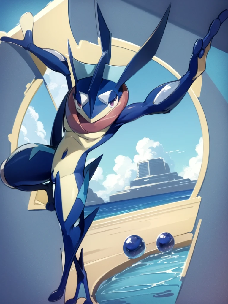 (masterpiece, best quality:1.2),solo,greninja \(pokemon\),pokemon \(creature\),full body,no humans,outstretched arms, long tongue, blue skin,looking at viewer,blue sky