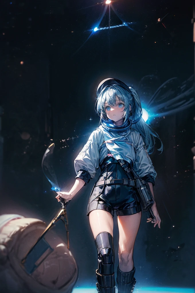 (((((((science fiction space fantasy)))))))A badass woman, an adult, (A female commander), ((a leader of a fleet of intergalactic armies)), White high ponytail with a glowing light blue highlights at the ends, Wielding a sword with deep blue aura, the mystical blade in her hand emitting a bright contrast blue light with a ray of energy, a futuristic intergalactic military uniform, Wearing Black shorts exposing the thighs, with a captain hat hat, a long simple dark boots. A masterpiece illustration, a light novel cover, best quality, best detail(Light novel illustrations), Arknights style, masterpiece, high quality, detailed.