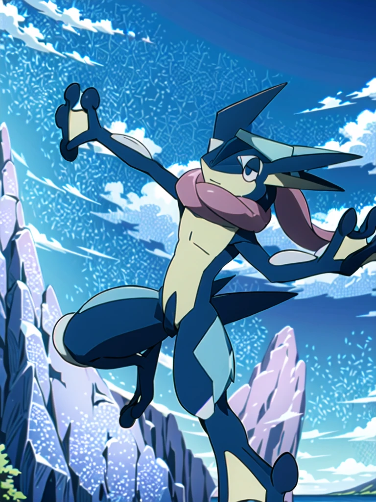 (masterpiece, best quality:1.2),solo,greninja \(pokemon\),pokemon \(creature\),full body,no humans,outstretched arms, long tongue, blue skin,looking at viewer,blue sky