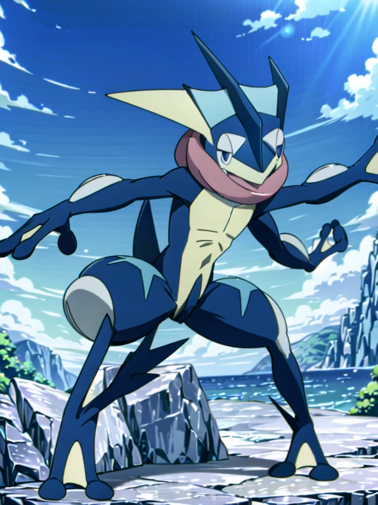 (masterpiece, best quality:1.2),solo,greninja \(pokemon\),pokemon \(creature\),full body,no humans,outstretched arms, long tongue, blue skin,looking at viewer,blue sky