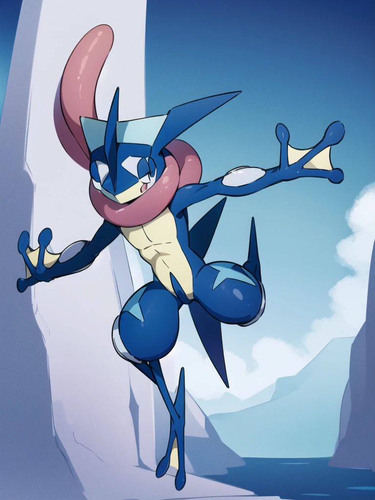 (masterpiece, best quality:1.2),solo,greninja \(pokemon\),pokemon \(creature\),full body,no humans,outstretched arms, long tongue, blue skin,looking at viewer,blue sky