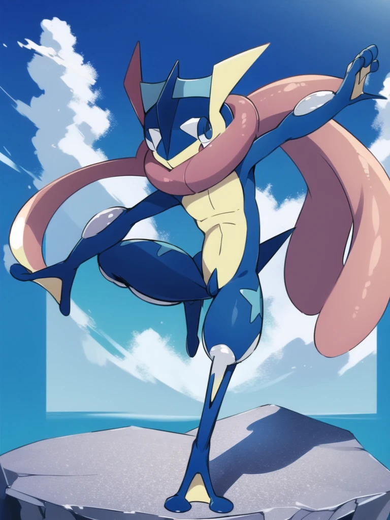 (masterpiece, best quality:1.2),solo,greninja \(pokemon\),pokemon \(creature\),full body,no humans,outstretched arms, long tongue, blue skin,looking at viewer,blue sky