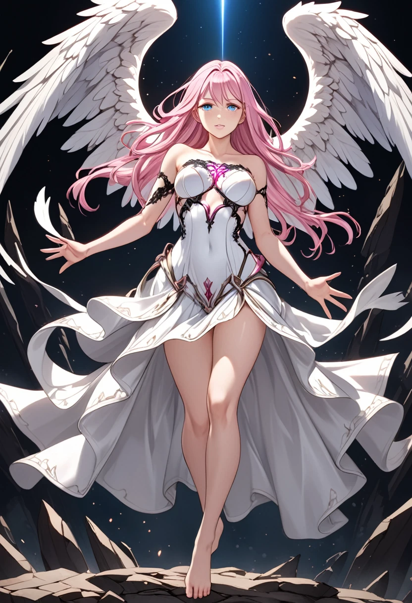 ((Highest quality)),(Ultra-high resolution),(Very detailed),(Detailed Description),((The best CG)),(masterpiece),Highly detailed art,Amazing drawing art,(Art with precise details:1.5), (Female angel:1.4),One girl, lillia, One Girl、Pink long hair、blue eyes、White dress with black lace、large pink ribbon on the chest, 聞こえるRoar, In the Dark, Shaking, The earth cracks, Standing posture, justice, Legendary, Anatomy, Roar, Extreme Speed,