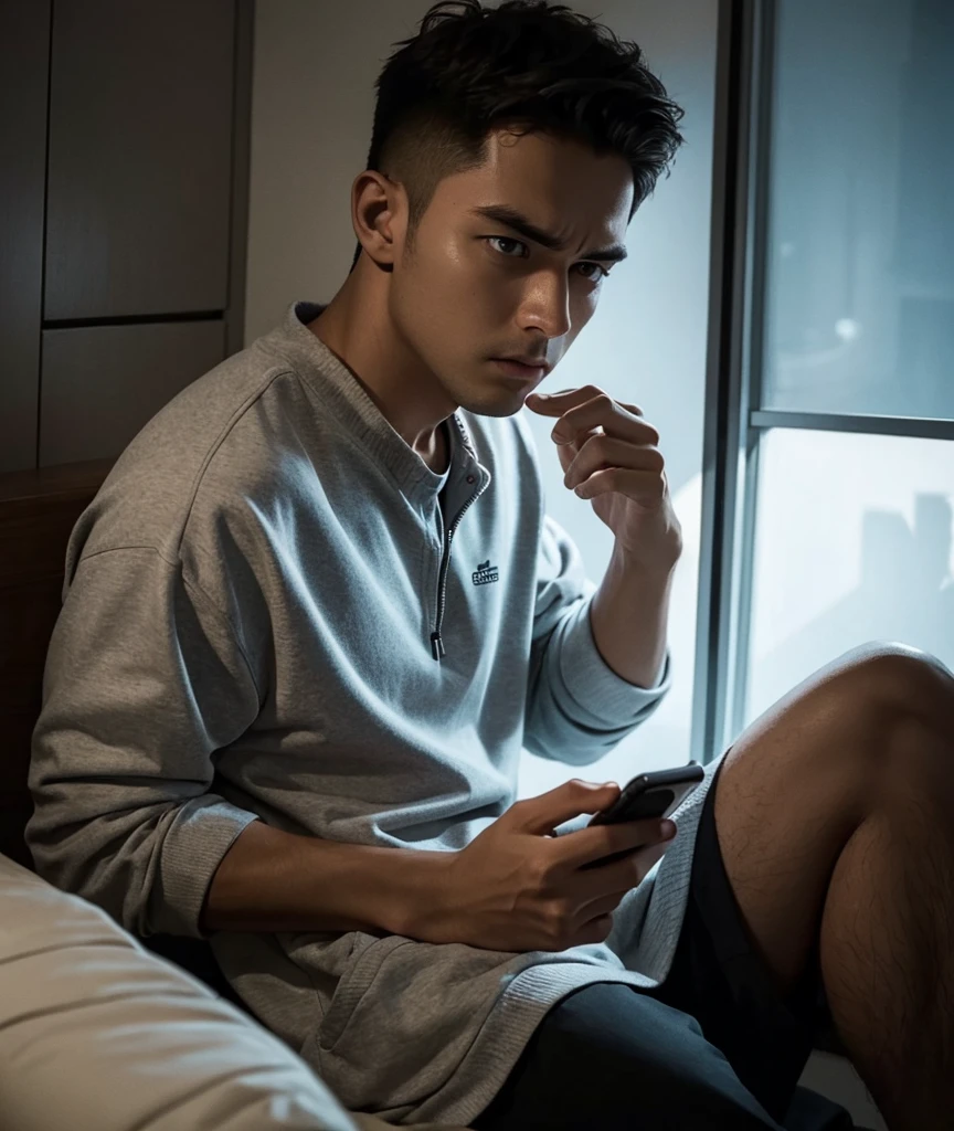 A man sitting alone in a dark room, holding his cell phone, with a longing expression.