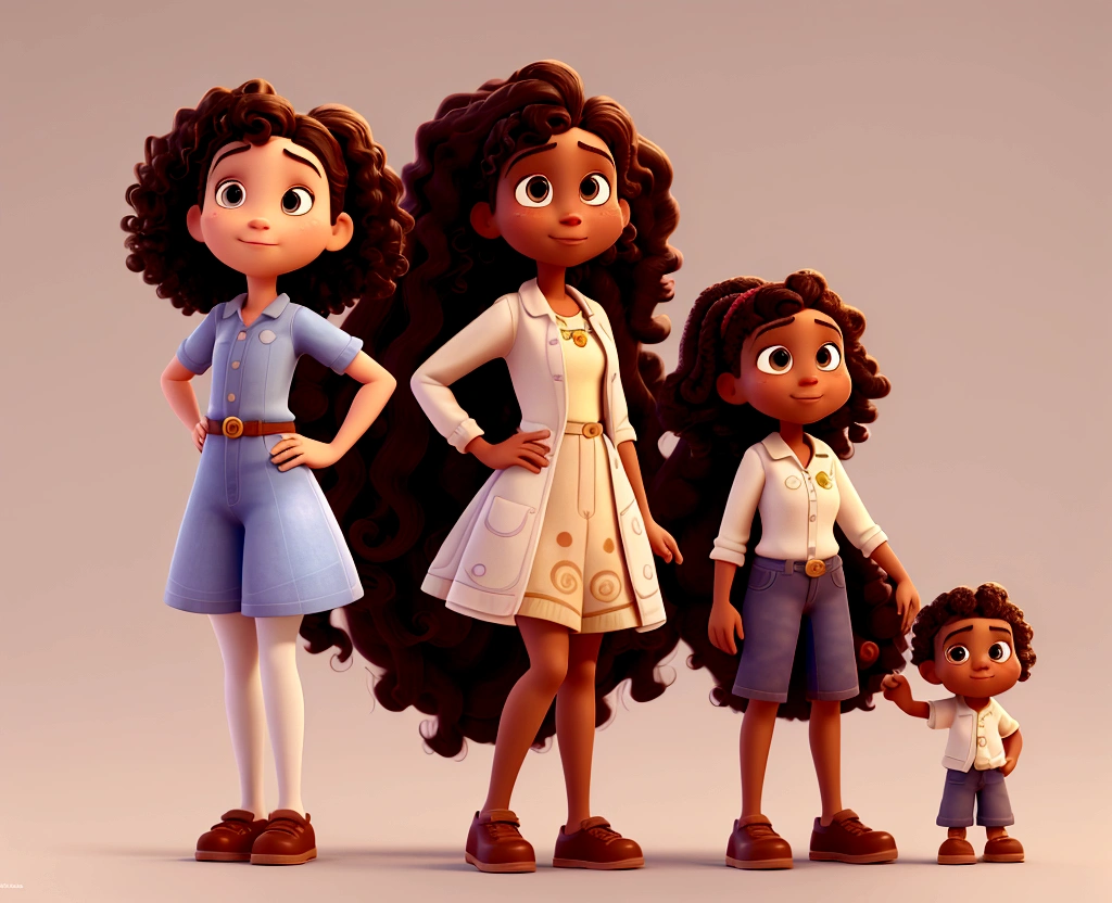 Cartoon of a girl with white curly hair next to her dark-skinned father, and her brunette sister 3D animation film, animated film, pixar 3d animation style, pixar renderman rendering, maia 8 mil, animated film, Disney Pixar 3D Style, , Disney Pixar animation