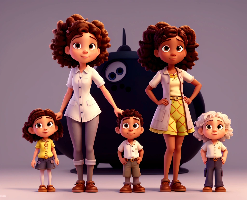Cartoon of a girl with white curly hair next to her dark-skinned father, and her brunette sister 3D animation film, animated film, pixar 3d animation style, pixar renderman rendering, maia 8 mil, animated film, Disney Pixar 3D Style, , Disney Pixar animation