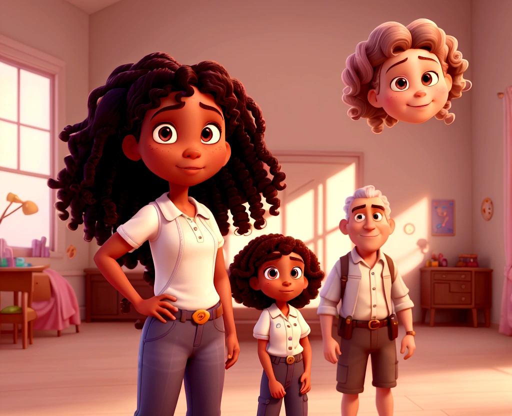 Cartoon of a girl with white curly hair next to her dark-skinned father, and her brunette sister 3D animation film, animated film, pixar 3d animation style, pixar renderman rendering, maia 8 mil, animated film, Disney Pixar 3D Style, , Disney Pixar animation